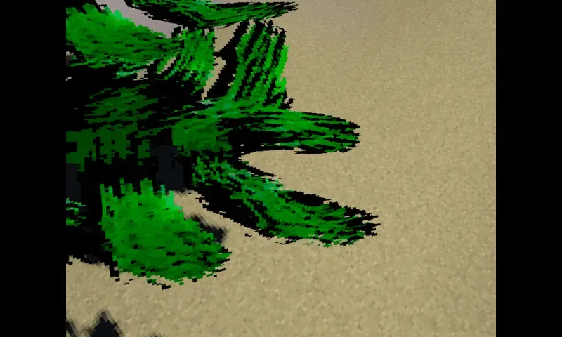 Pixelated leaves using alpha clipping against a sandy ground.