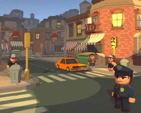 A toon-shaded miniature city street with a police officer, a car and shops.