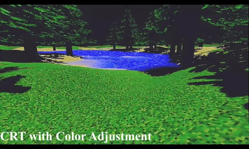 A low-resolution forest clearing with a blue pond, rendered with a CRT filter and colour adjustment.