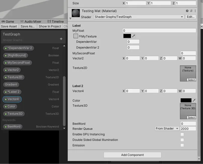 Unity inspector for a Shader Graph material showing a list of properties with bold labels and single-line texture fields.