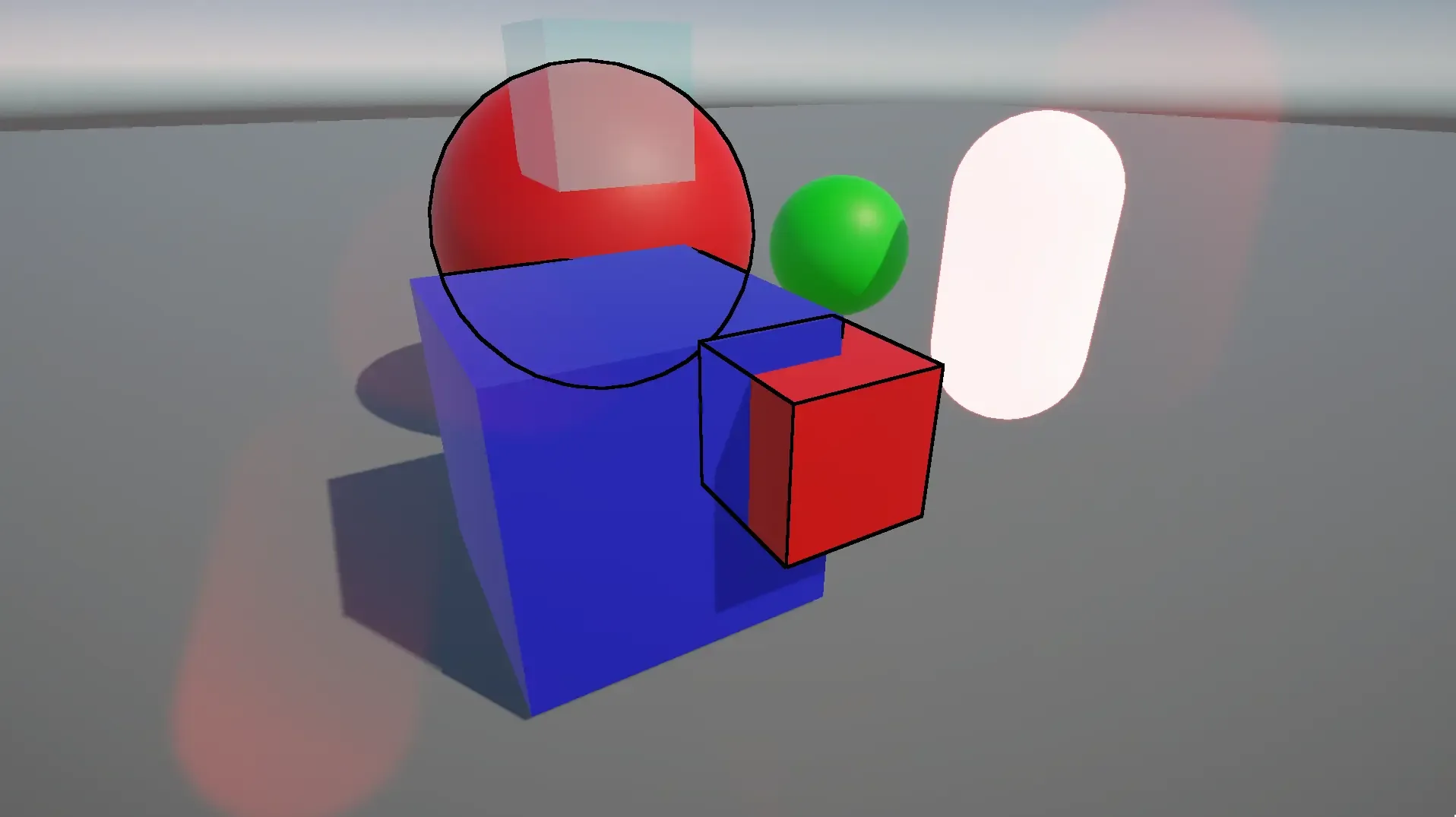 Coloured primitives in a simple scene; black outlines around the shapes remain visible where one object passes behind another.