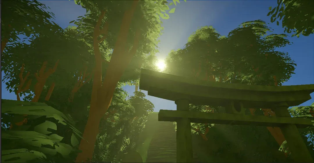 A forest scene with sunlight streaming through trees past a torii gate, with fog in the air.