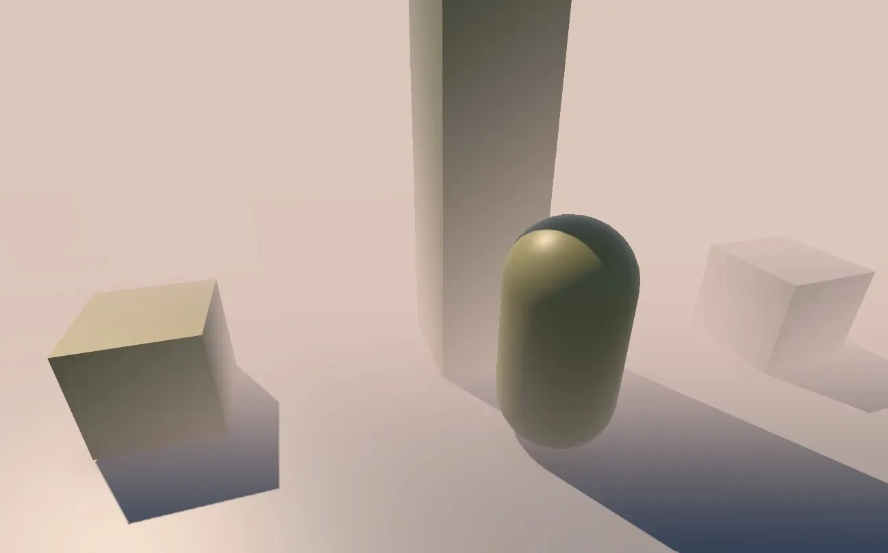 A pale, hazy scene with simple boxes and a capsule fading into pink-beige fog with distance.