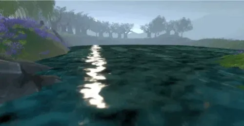 A dark teal body of water with a bright sun reflection streaking across it and trees along the far shore.