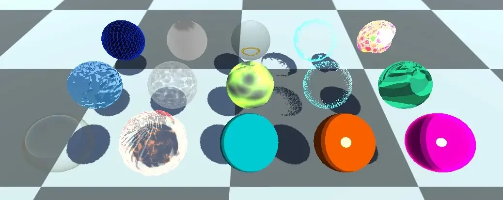 A row of spheres on a checkerboard floor, each showing a different shader — water, bubble, plasma, hex and toon materials.