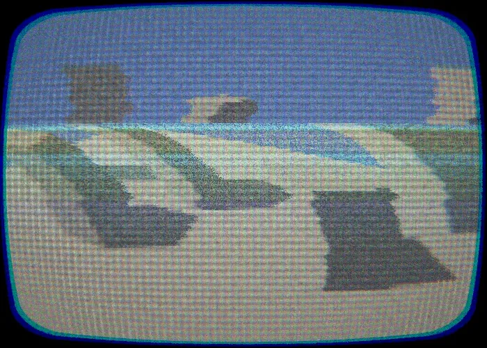 A landscape scene seen through a curved CRT-style screen with scanlines, a coloured phosphor mask and a rounded dark bezel.