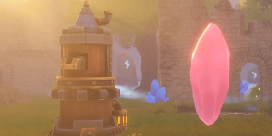 A stone tower and a glowing pink crystal in a hazy garden, with soft volumetric light in the air.