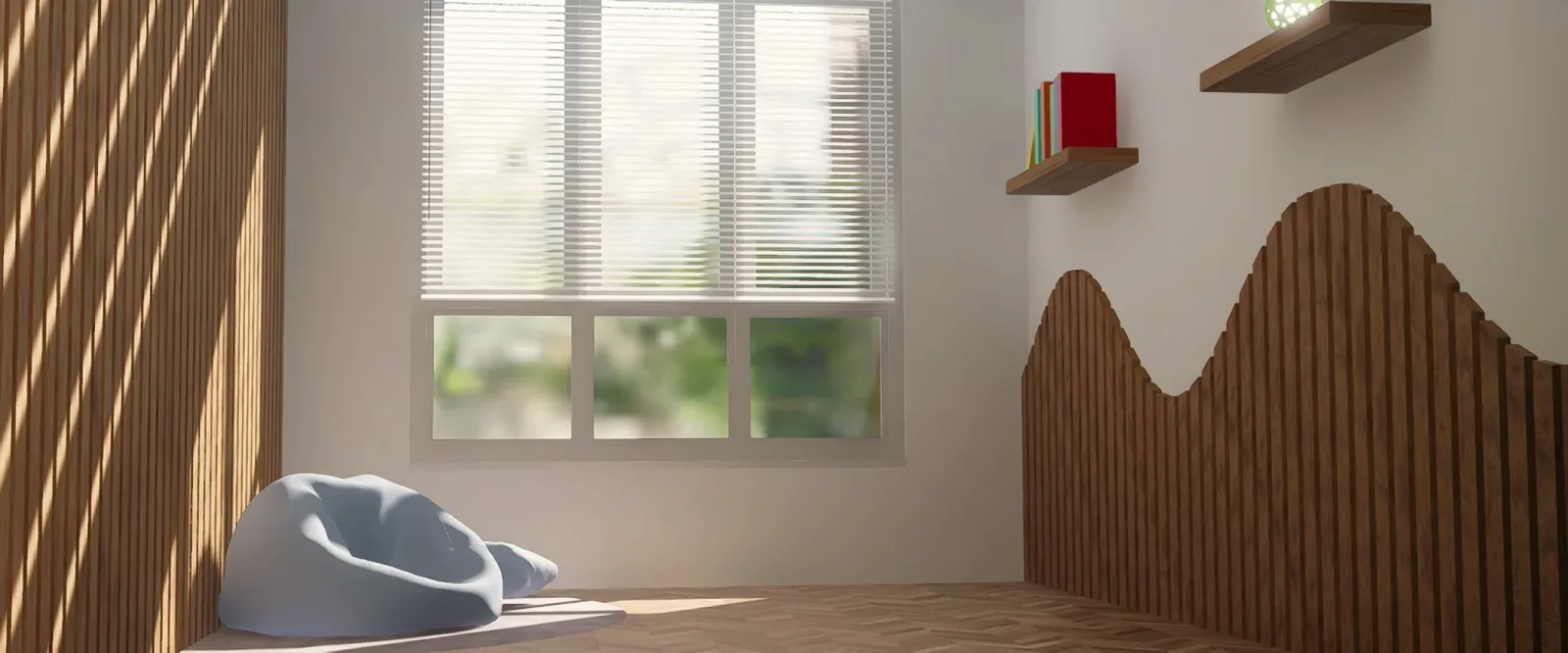 A softly lit room corner with a wooden slatted wall, a window and a bean bag, rendered with screen-space global illumination.