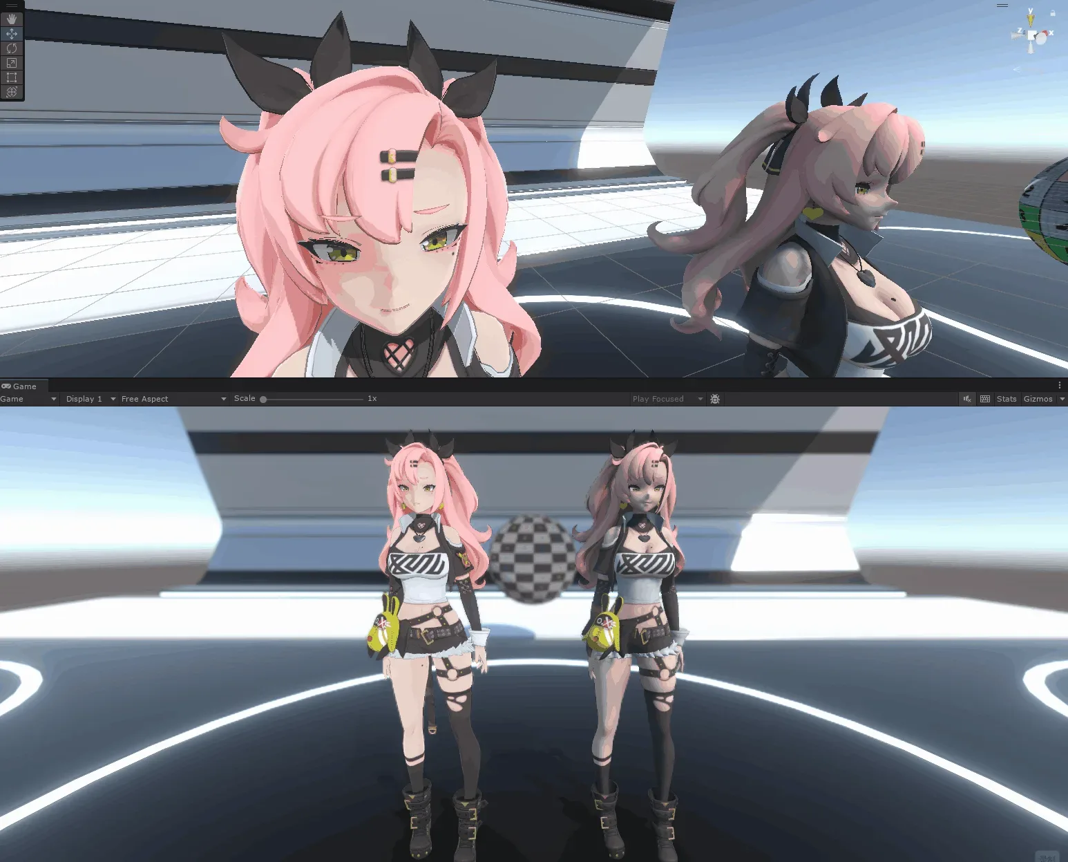 Two views of a pink-haired anime-style character model in the Unity editor, rendered with the toon shader.