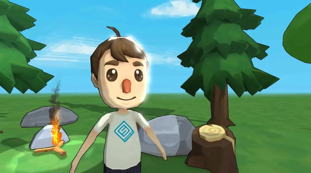 A cartoon character standing by a campfire in a low-poly forest, rendered with flat two-tone toon shading.