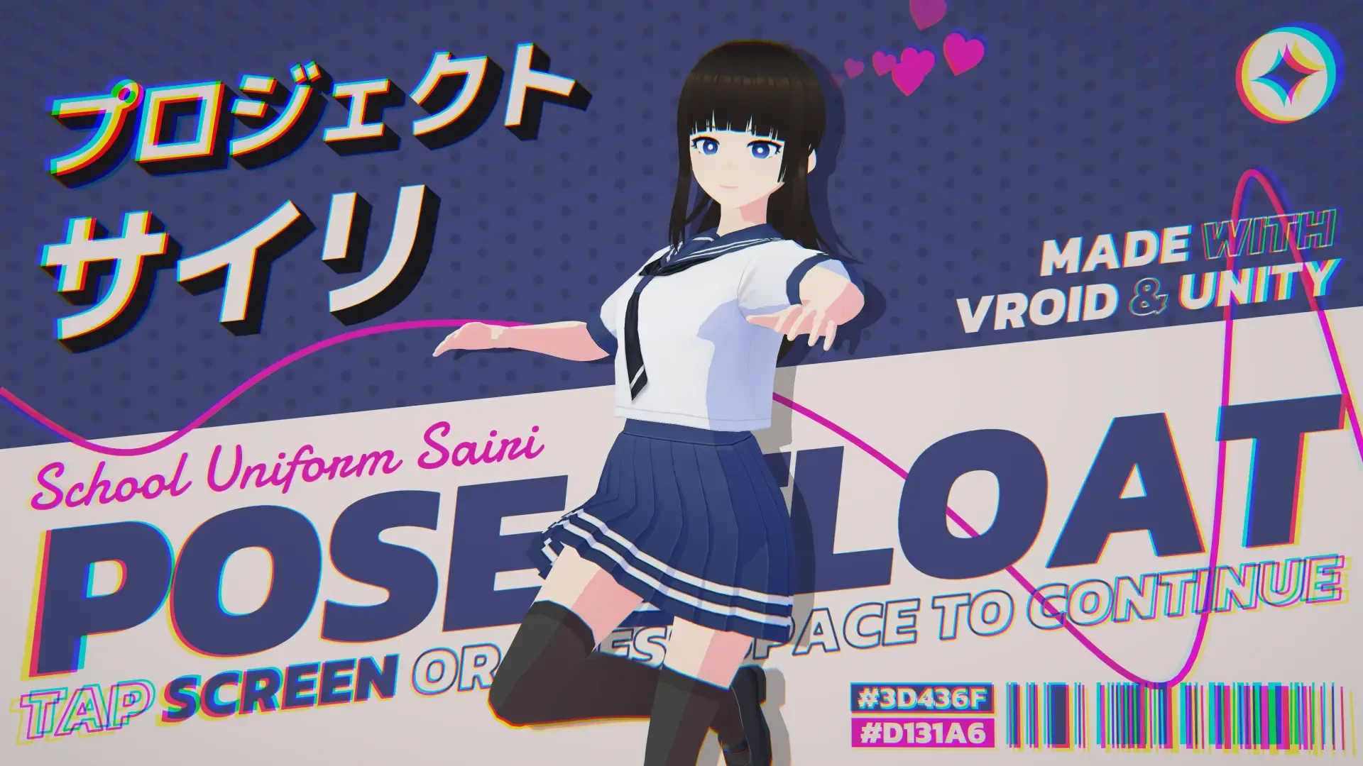 An anime schoolgirl character posed over bold Japanese and English typography, pink spline lines and polka-dot graphics.