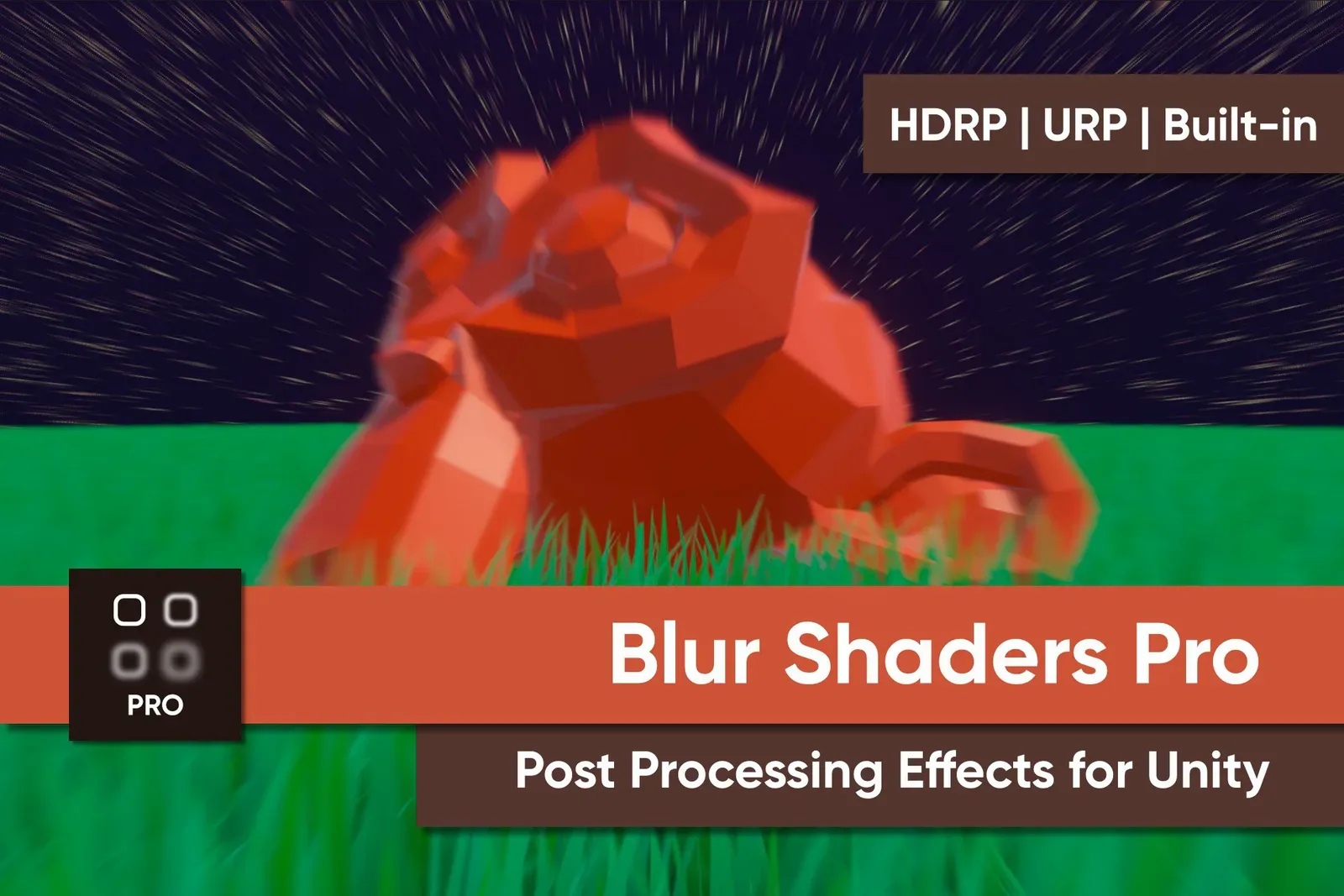 Promotional banner for Blur Shaders Pro showing a low-poly red creature on grass with radial blur streaks behind it, labelled HDRP | URP | Built-in.