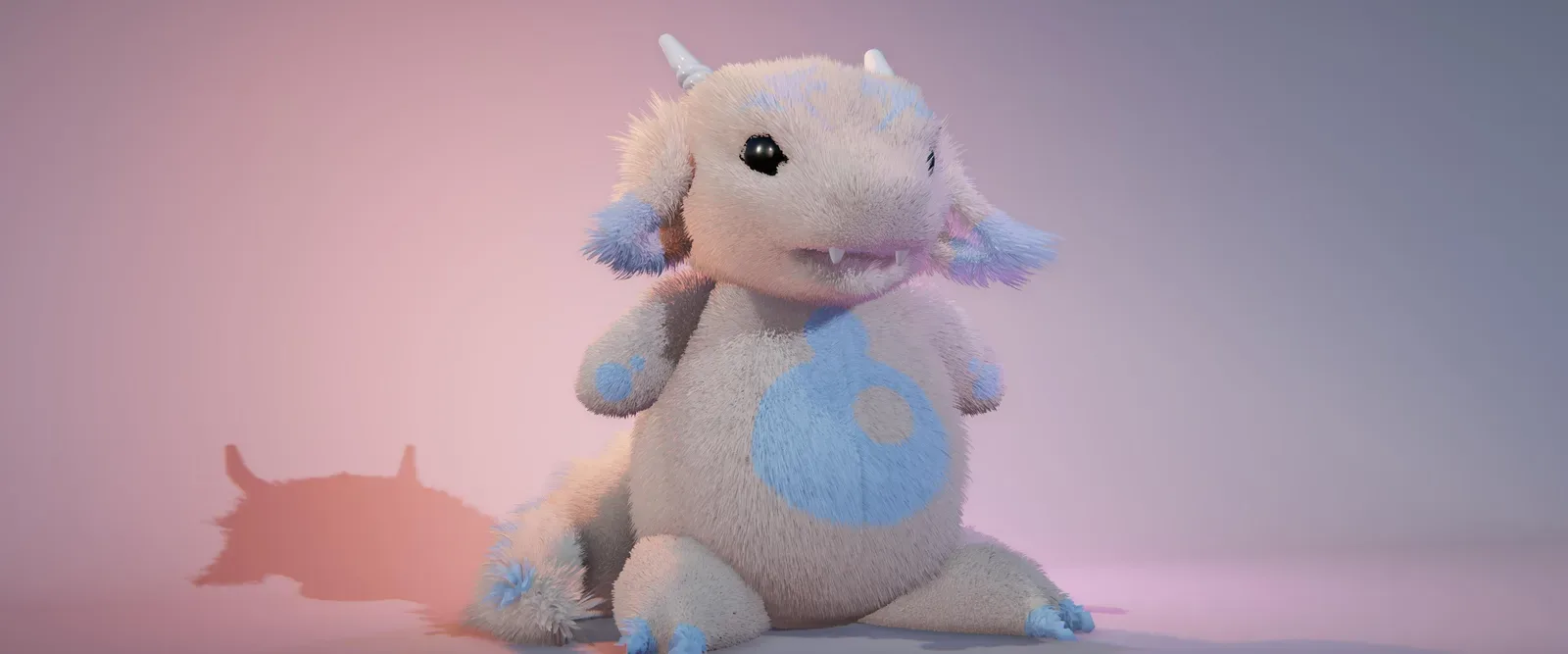 A fluffy plush dragon toy with white-and-blue fur casting a soft shadow on a pink floor.