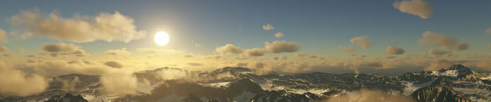 A wide strip of landscape under a golden sky with clouds and the sun low on the horizon.