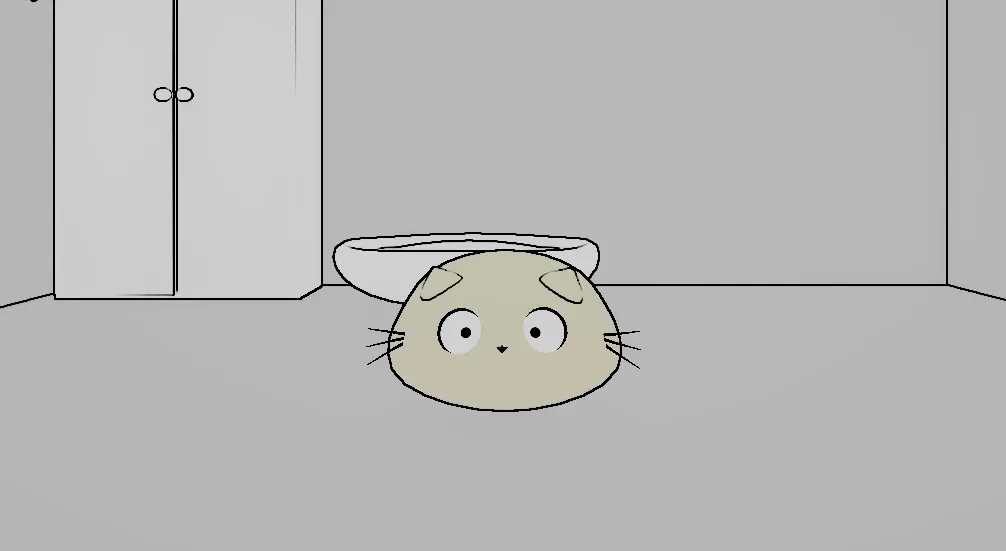 A grey room scene in which a cartoon creature and the door and walls are drawn with thin black outlines.