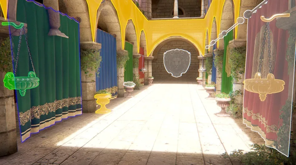 An arched stone hall with hanging banners; some banners and ornaments are traced with bright green, yellow and white outlines.
