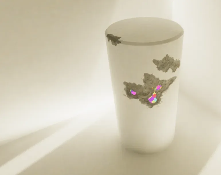 A white cup in a softly lit scene with dark grunge-style decals and small pink marks applied to its surface.