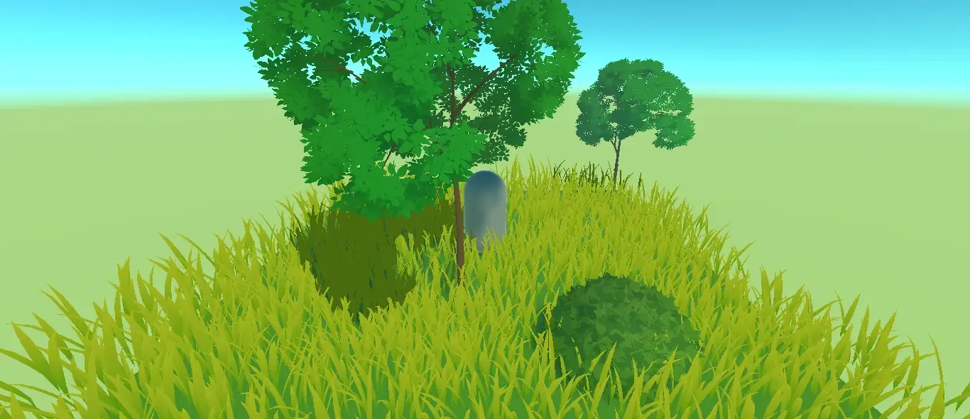 A grassy hill with stylised round-canopy trees and bushes under a blue sky.