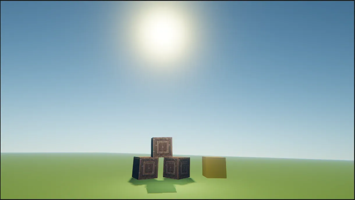 A bright blue sky with a sun glow above a flat green plain dotted with a few cubes.