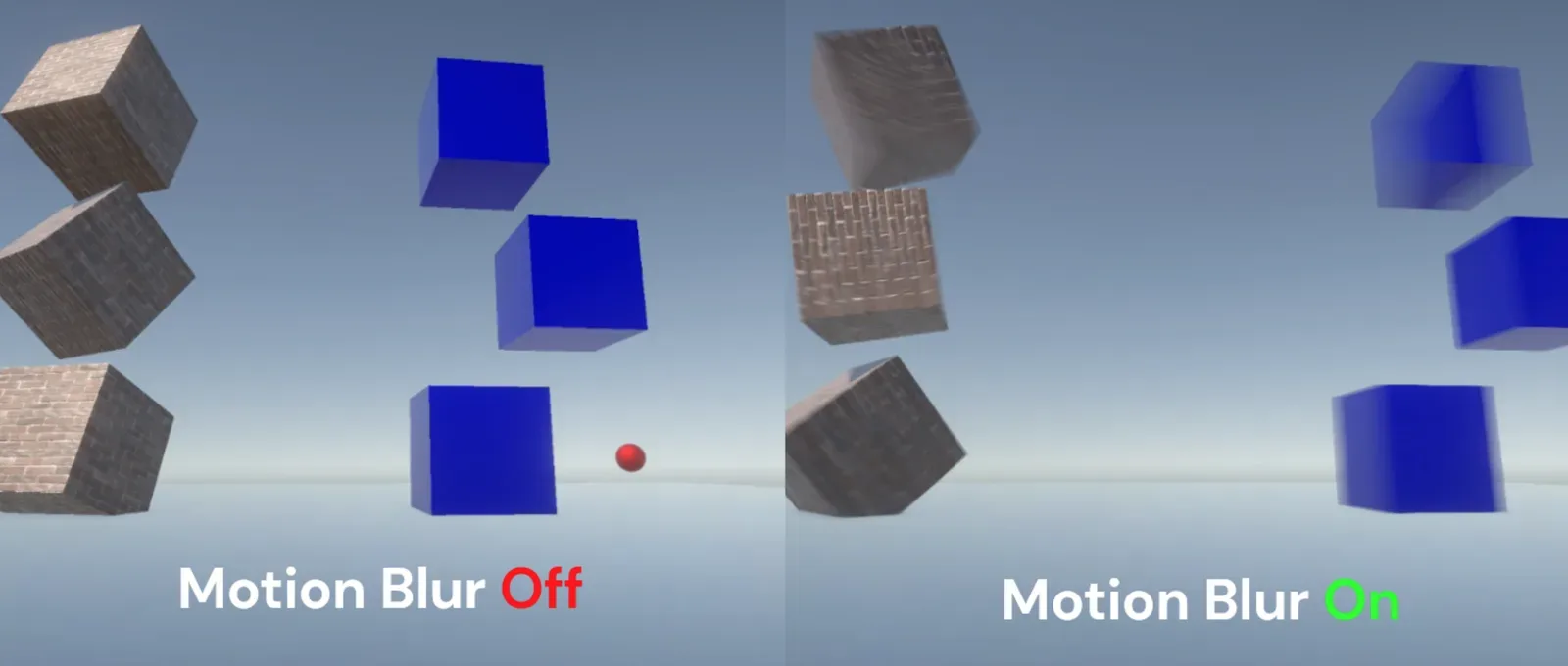 Two side-by-side views of falling cubes labelled Motion Blur Off and Motion Blur On, the right one showing streaked cubes.