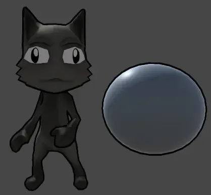 A black cartoon cat and a sphere with thick dark outlines drawn by the inverted-hull renderer feature.