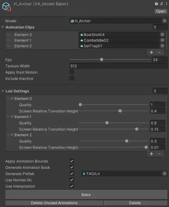 The model baker editor window with animation clips, texture size and LOD settings.
