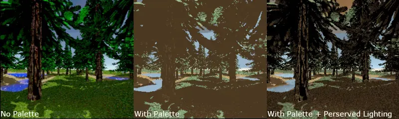 Three versions of the same forest scene side by side — no palette, a desert palette, and the palette with preserved lighting.