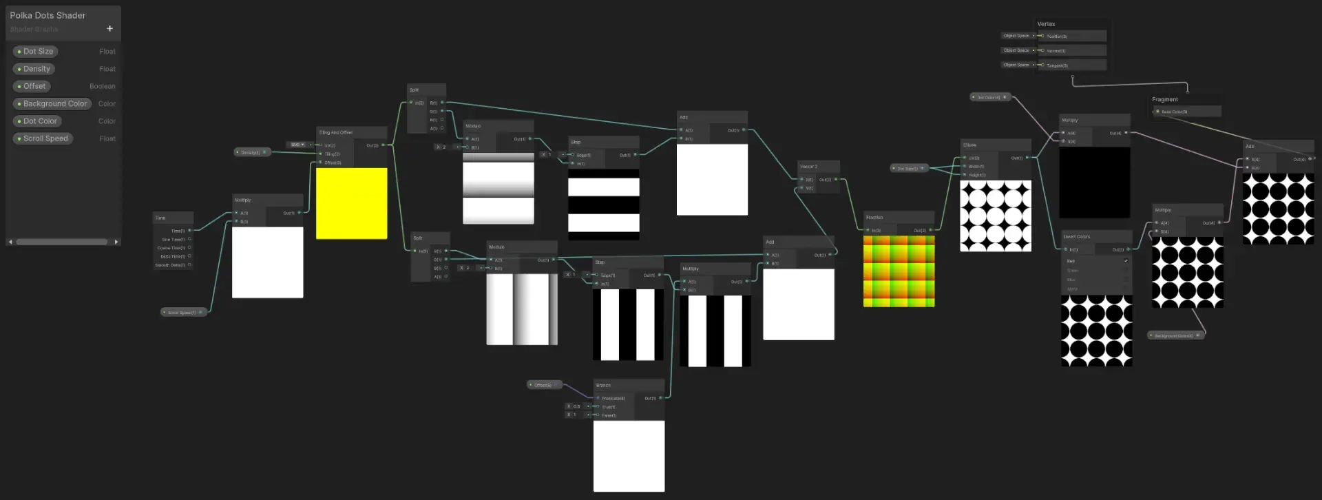 A Shader Graph network generating polka-dot and stripe patterns.