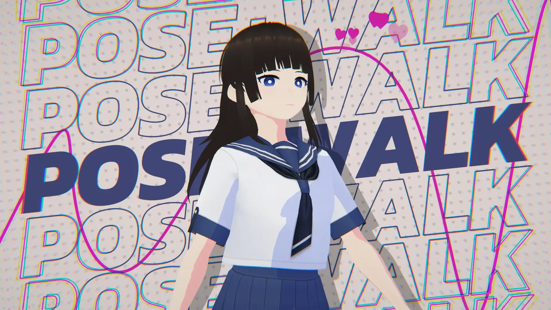 The character in a walking pose in front of repeated outlined "POSE WALK" text.