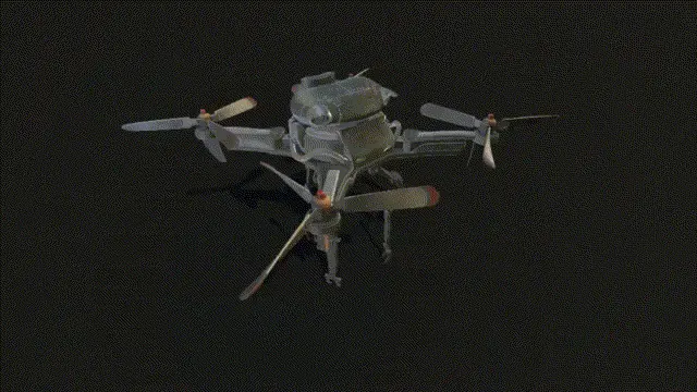 A four-rotor drone robot animated by the vertex animation shader on a dark background.