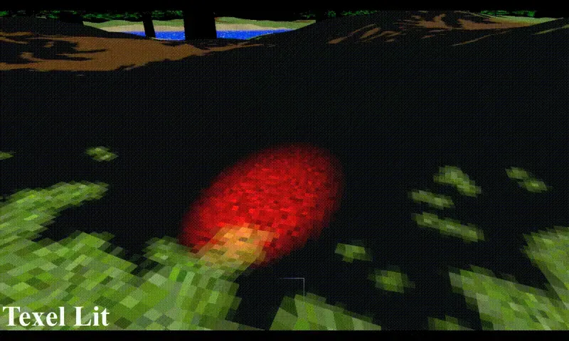 A red point light on blocky, pixelated foliage showing texel-snapped lighting.
